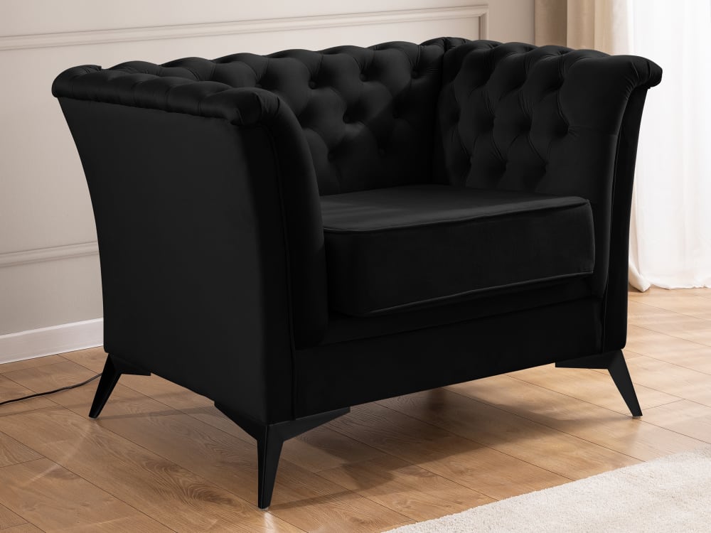 Chesterfield Sessel aus schwarzem Samt mit schwarzen Füßen -