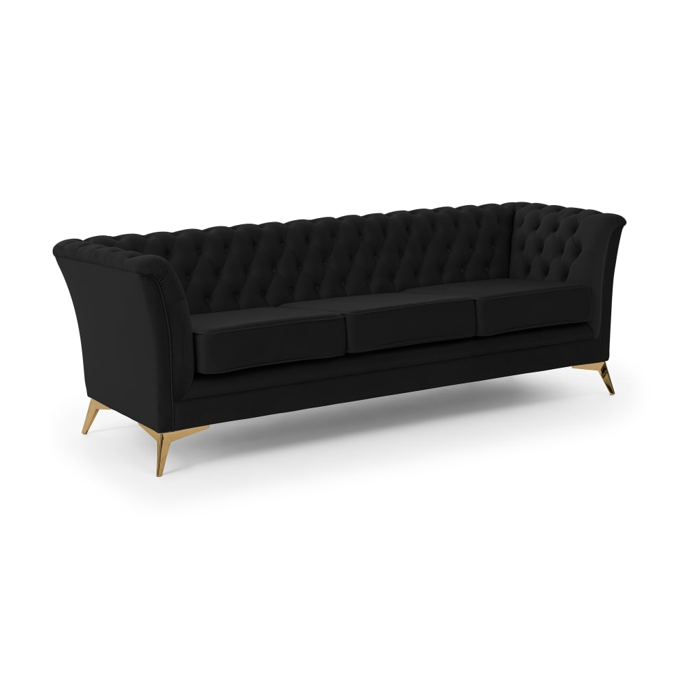 S-Style Chesterfield 3-Sitzer Sofa aus schwarzem Samt mit goldenen Füßen - Holz