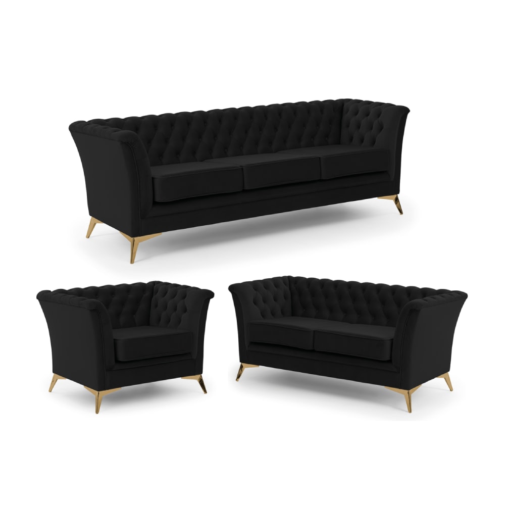 Ensemble de canapés Chesterfield 3+2+1 en velours noir