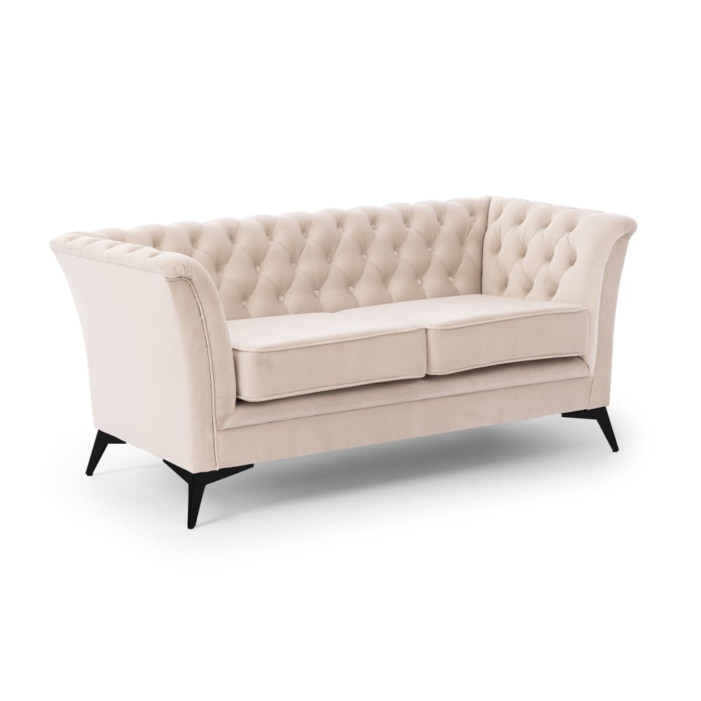 Canapé 2 places Chesterfield en velours beige avec pieds noirs
