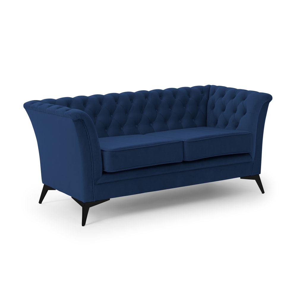 S-Style Chesterfield 2-Sitzer Sofa aus blauem Samt mit schwarzen Füßen - Holz
