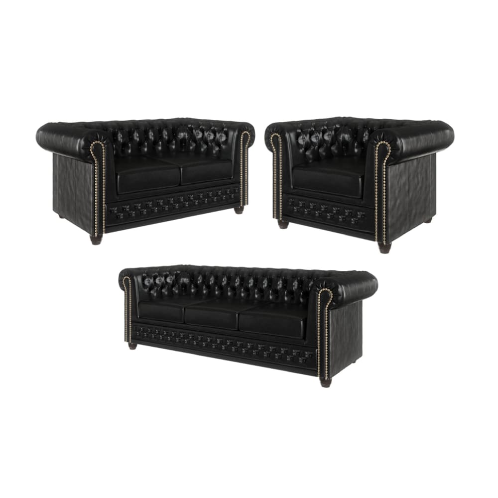 Ensemble de canapés Chesterfield 3+2+1 fonction lit, cuir végan noir