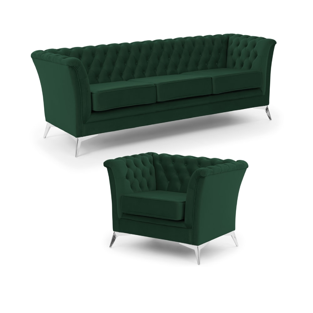 Ensemble de canapés Chesterfield 3+1 en velours vert