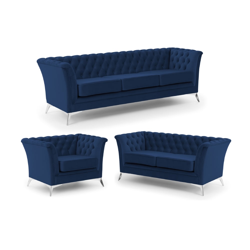 Ensemble de canapés Chesterfield 3+2+1 en velours bleu marine