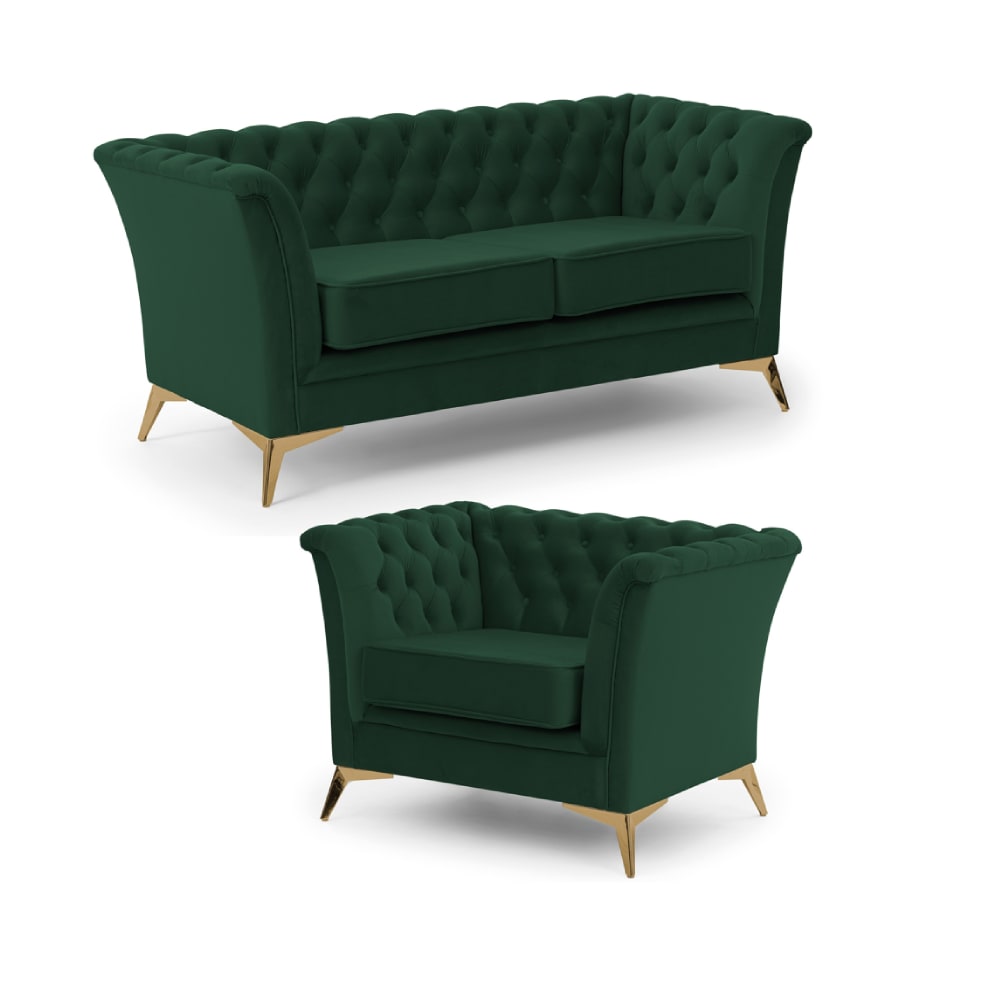 Ensemble de canapés Chesterfield 2+1 en velours vert