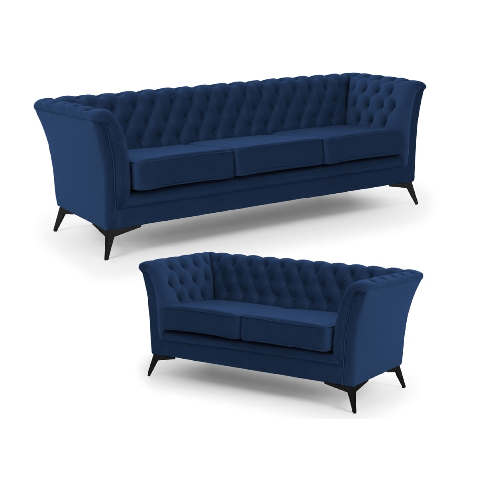 Ensemble de canapé Chesterfield 3+2 en velours bleu marine
