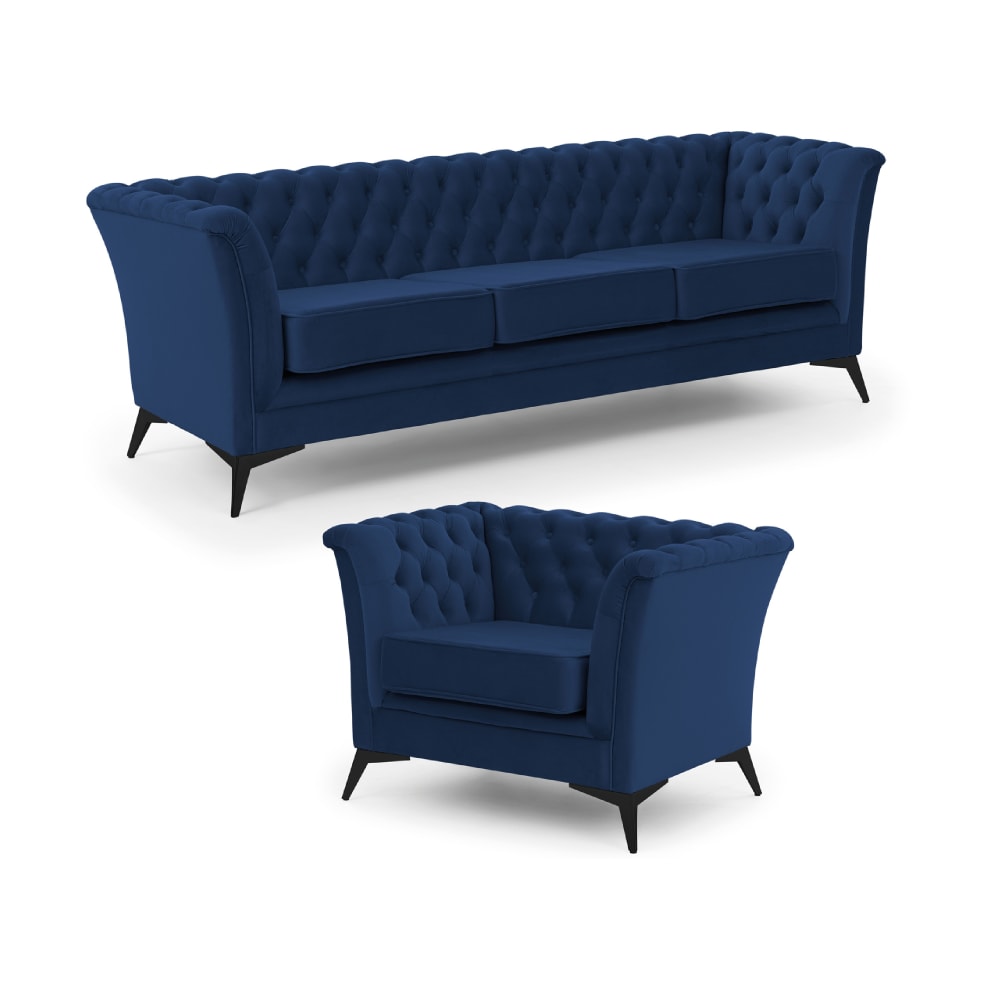 S-Style Chesterfield Polstergarnitur 3+1 aus dunkelblauem Samt - Holz