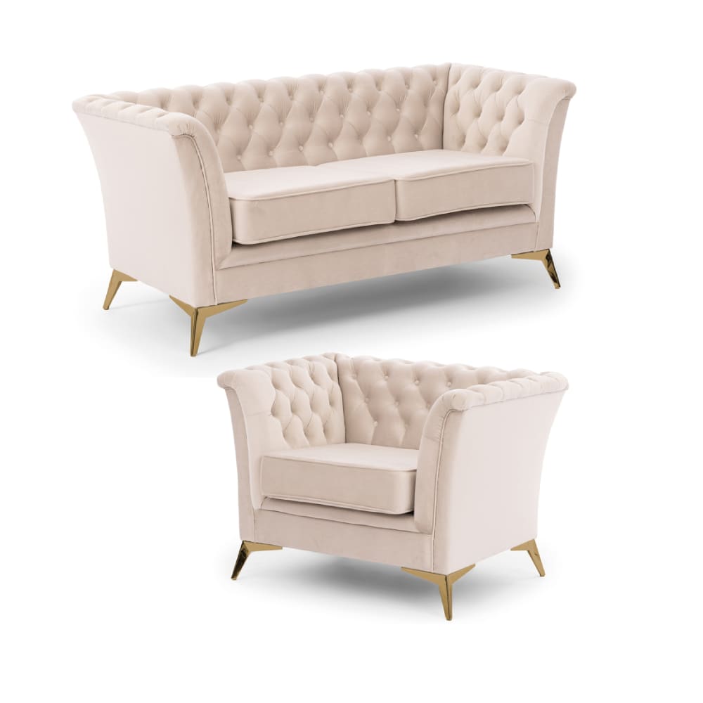 Ensemble de canapés Chesterfield 2+1 en velours beige