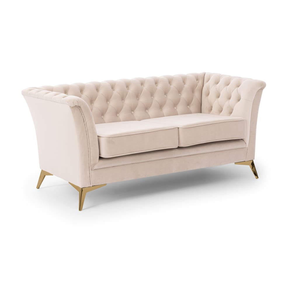 Canapé 2 places Chesterfield en velours beige avec pieds dorés
