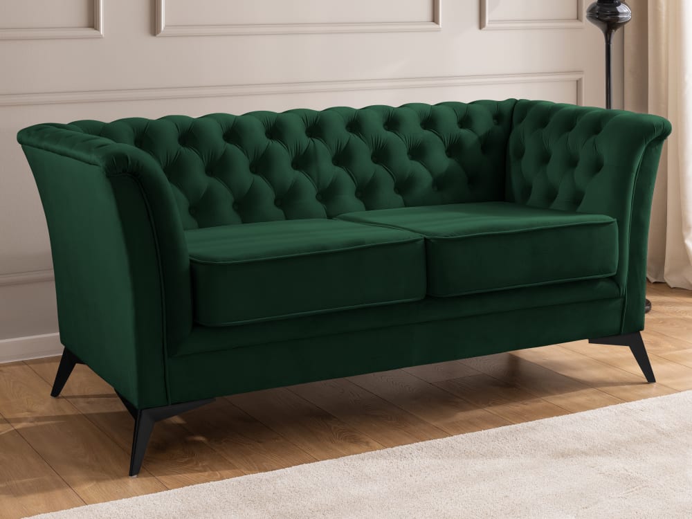 Chesterfield 2-Sitzer Sofa aus grünem Samt mit schwarzen Füßen -