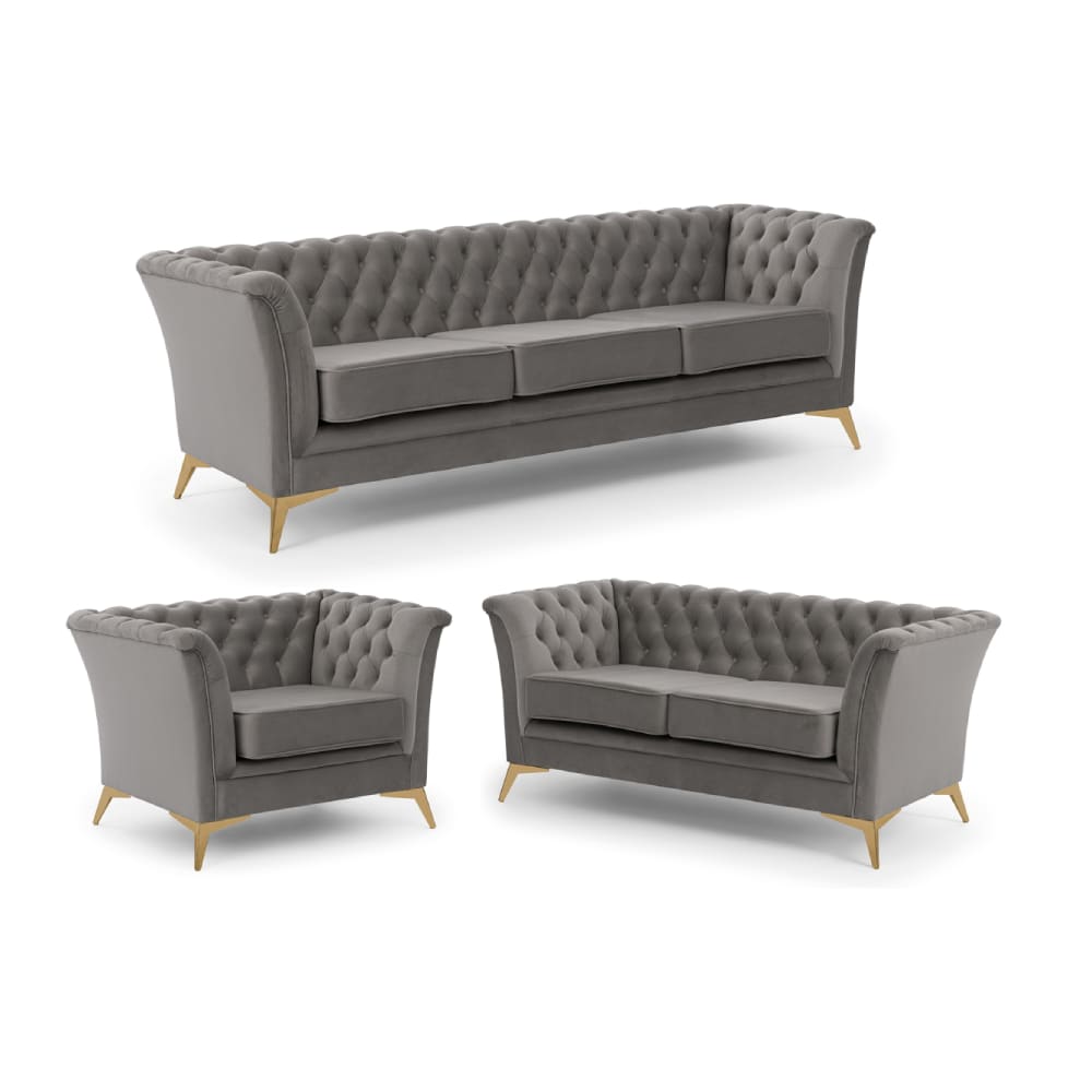 S-Style Chesterfield Polstergarnitur 3+2+1 aus grauem Samt - Holz