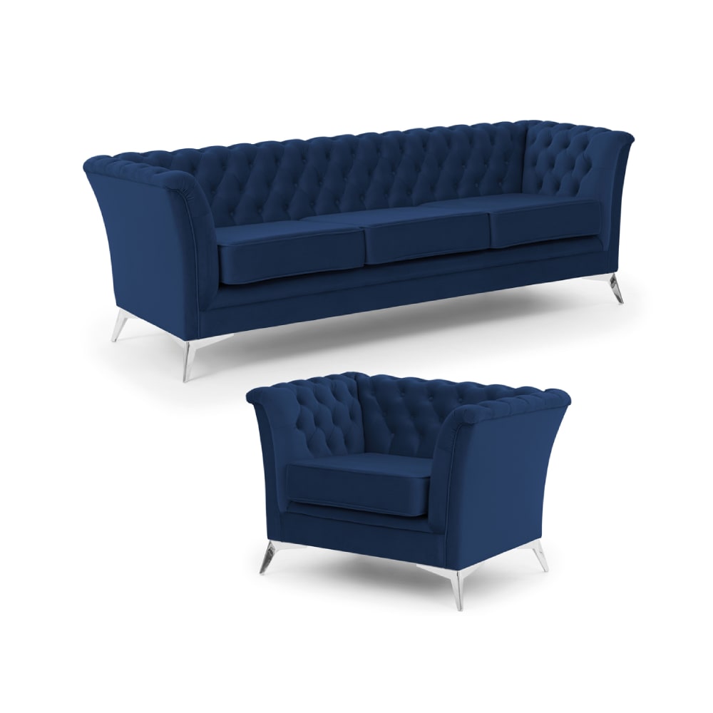 Ensemble de canapés Chesterfield 3+1 en velours bleu marine