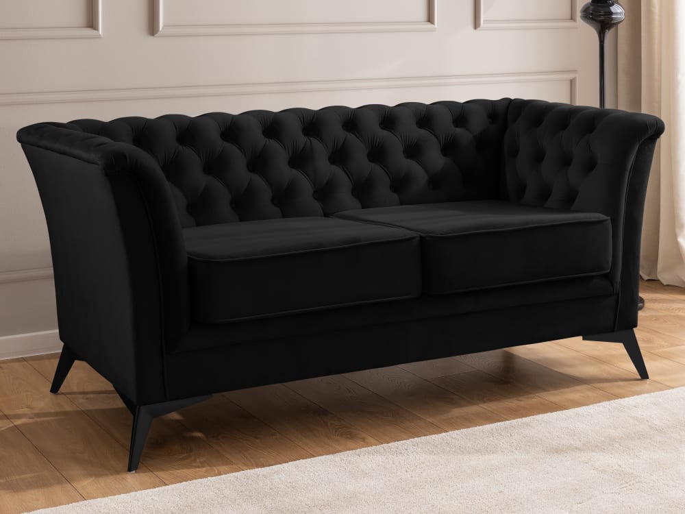 Chesterfield 2-Sitzer Sofa aus schwarzem Samt mit schwarzen Füßen
