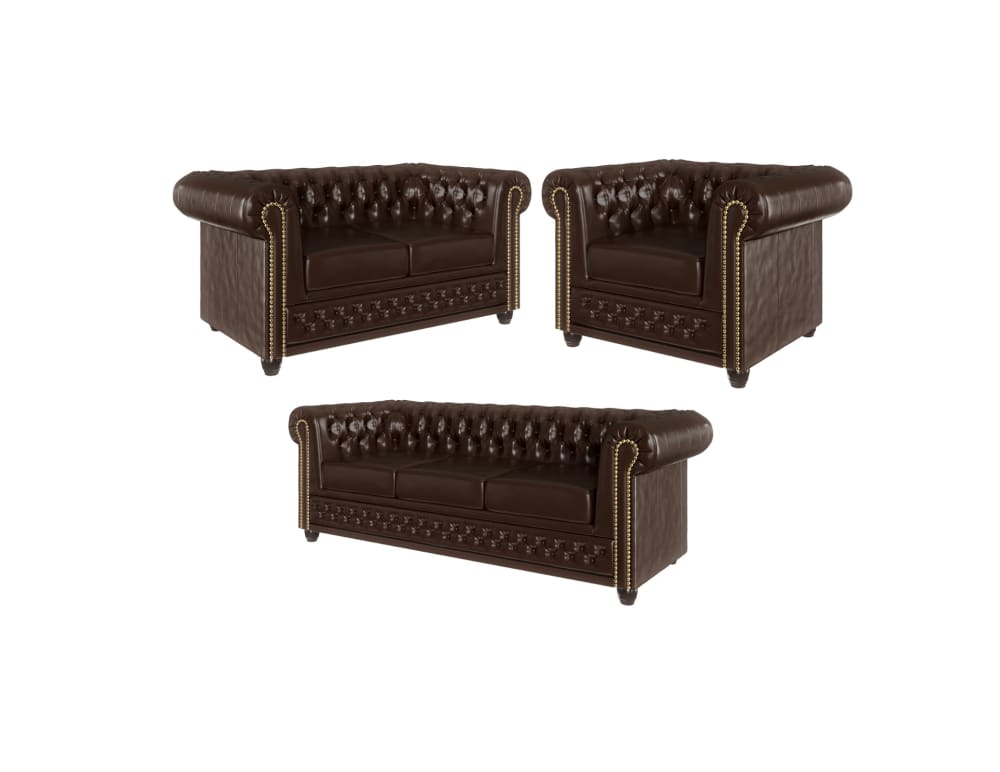 Ensemble de canapés Chesterfield 3+2+1 fonction lit, cuir végan marron