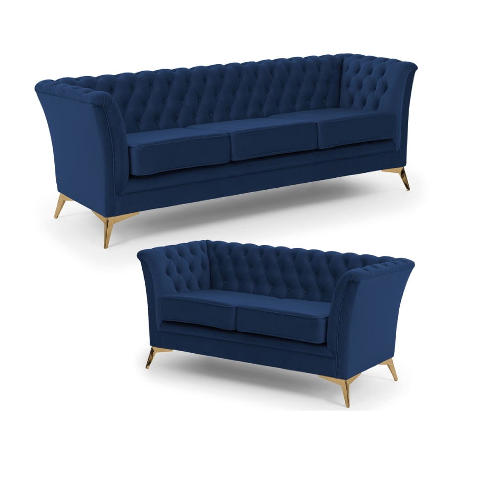 Ensemble de canapé Chesterfield 3+2 en velours bleu marine