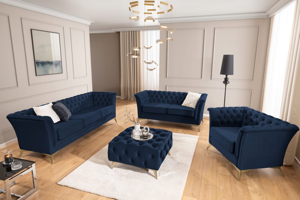 Ensemble de canapé Chesterfield 3+2 en velours bleu marine