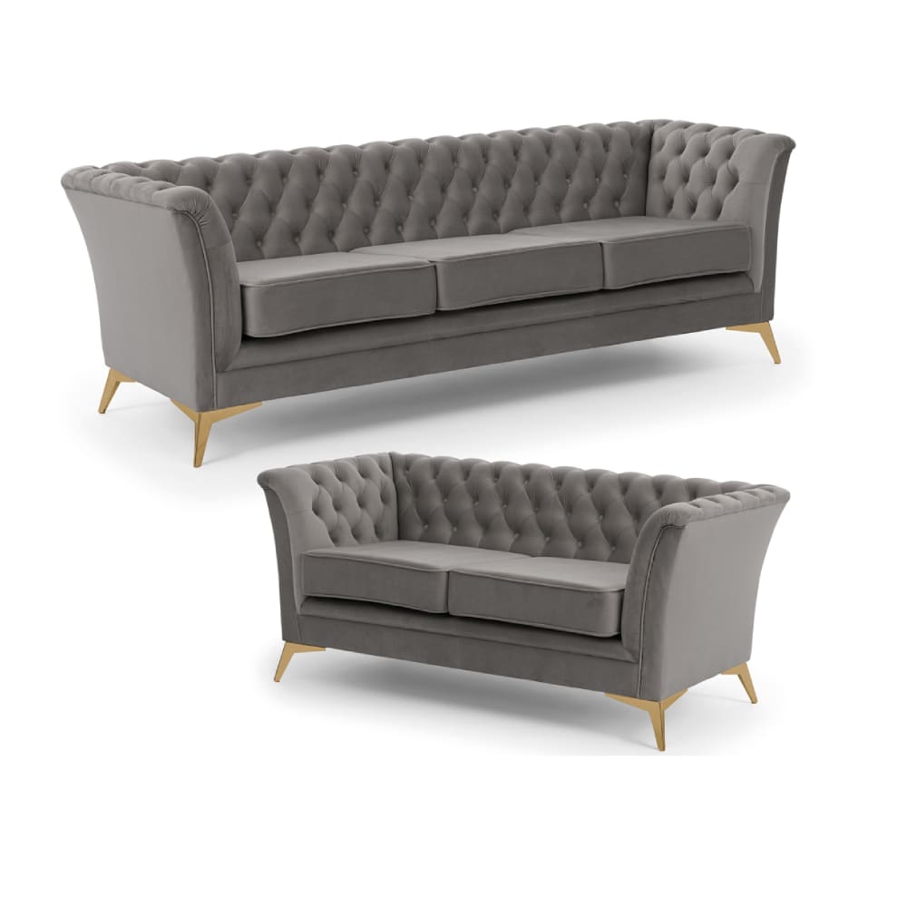 Ensemble de canapé Chesterfield 3+2 en velours gris