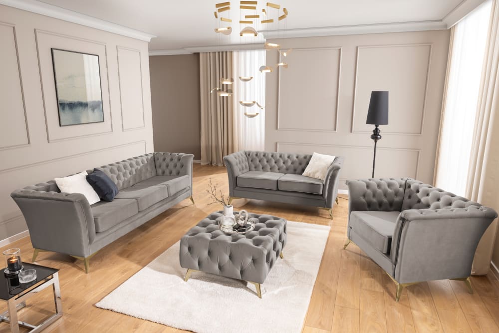 Ensemble de canapé Chesterfield 3+2 en velours gris