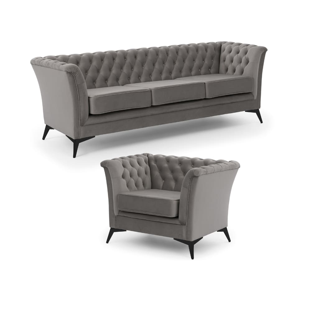 S-Style Chesterfield Polstergarnitur 3+1 aus grauem Samt - Holz