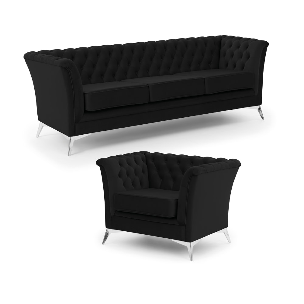Ensemble de canapés Chesterfield 3+1 en velours noir