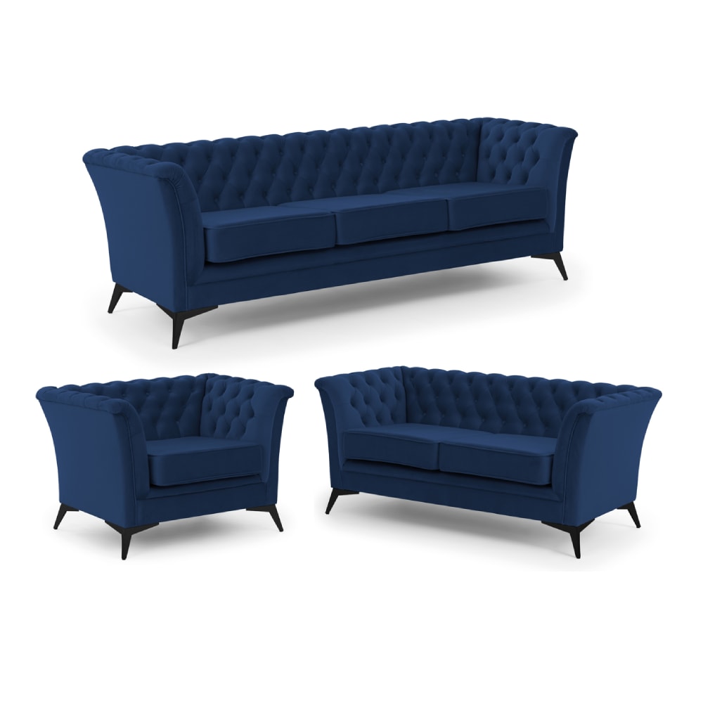 Ensemble de canapés Chesterfield 3+2+1 en velours bleu