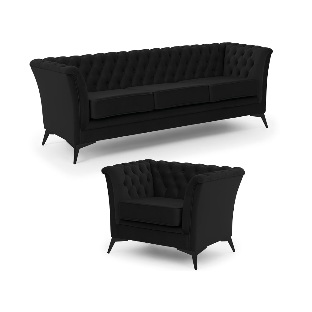 Ensemble de canapés Chesterfield 3+1 en velours noir