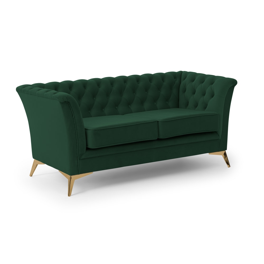 Canapé 2 places Chesterfield en velours vert avec pieds dorés