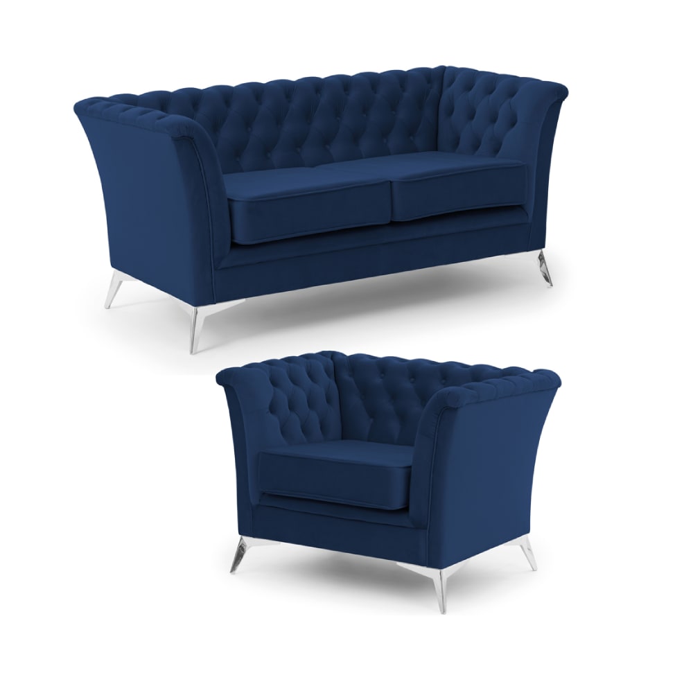 Ensemble de canapés Chesterfield 2+1 en velours bleu marine