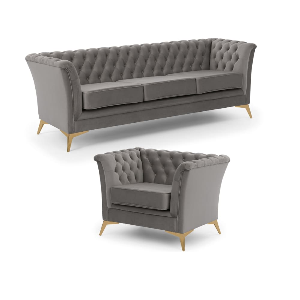 Ensemble de canapés Chesterfield 3+1 en velours gris