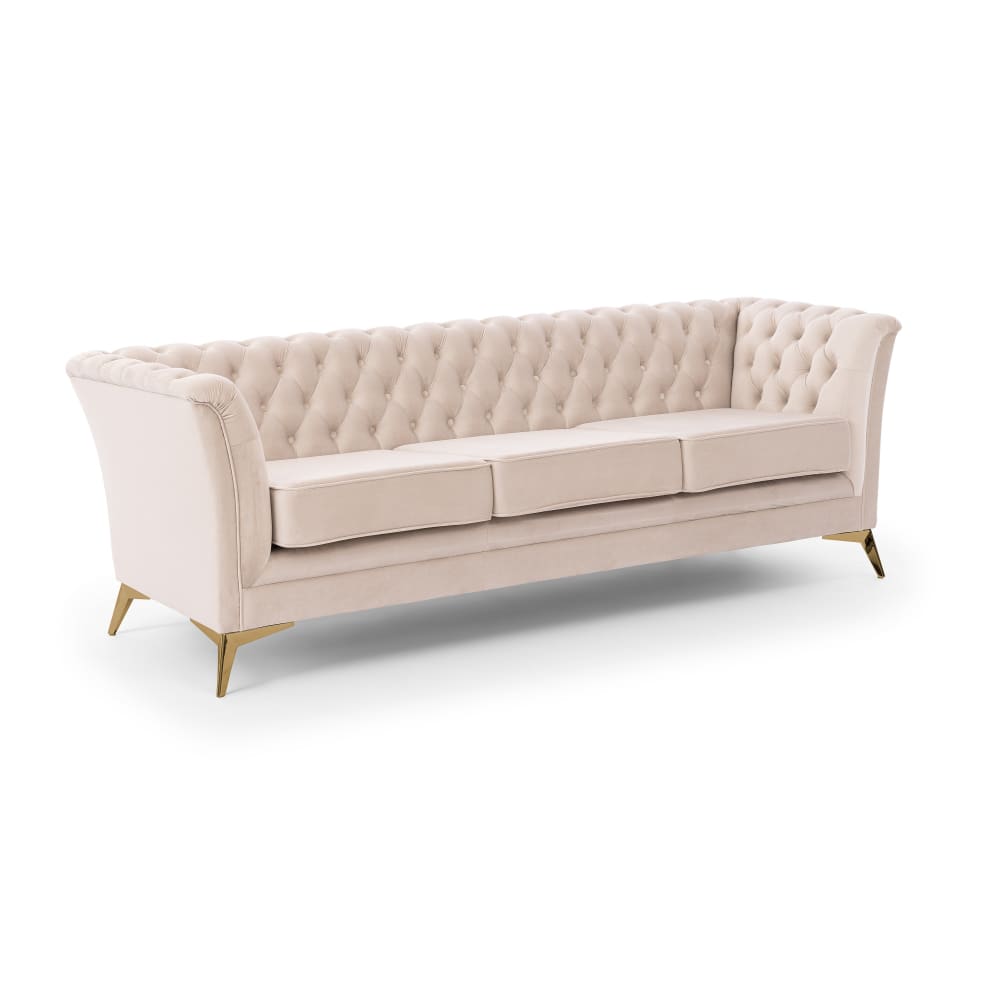 Canapé 3 places Chesterfield en velours beige avec pieds dorés