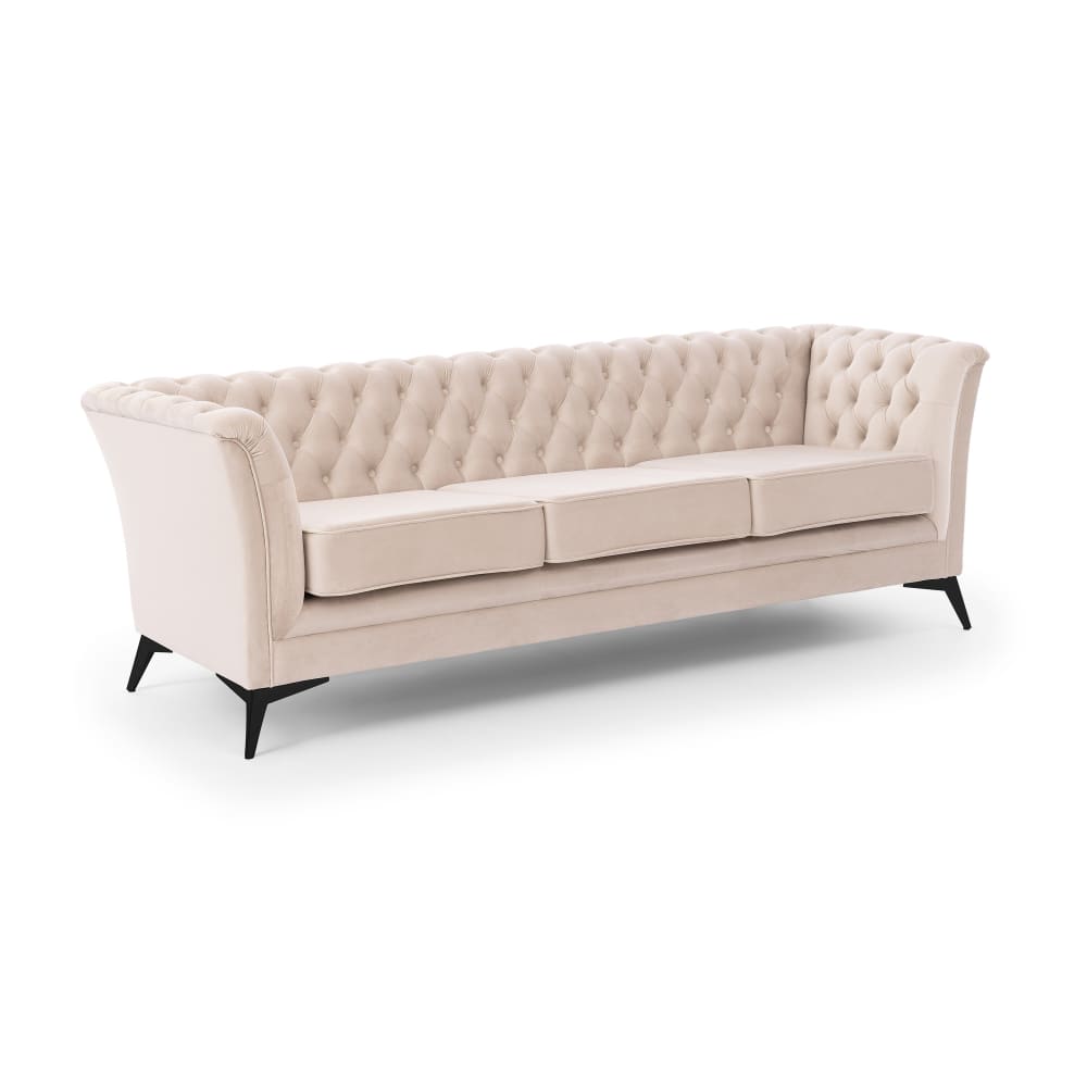 Canapé 3 places Chesterfield en velours beige avec pieds noirs