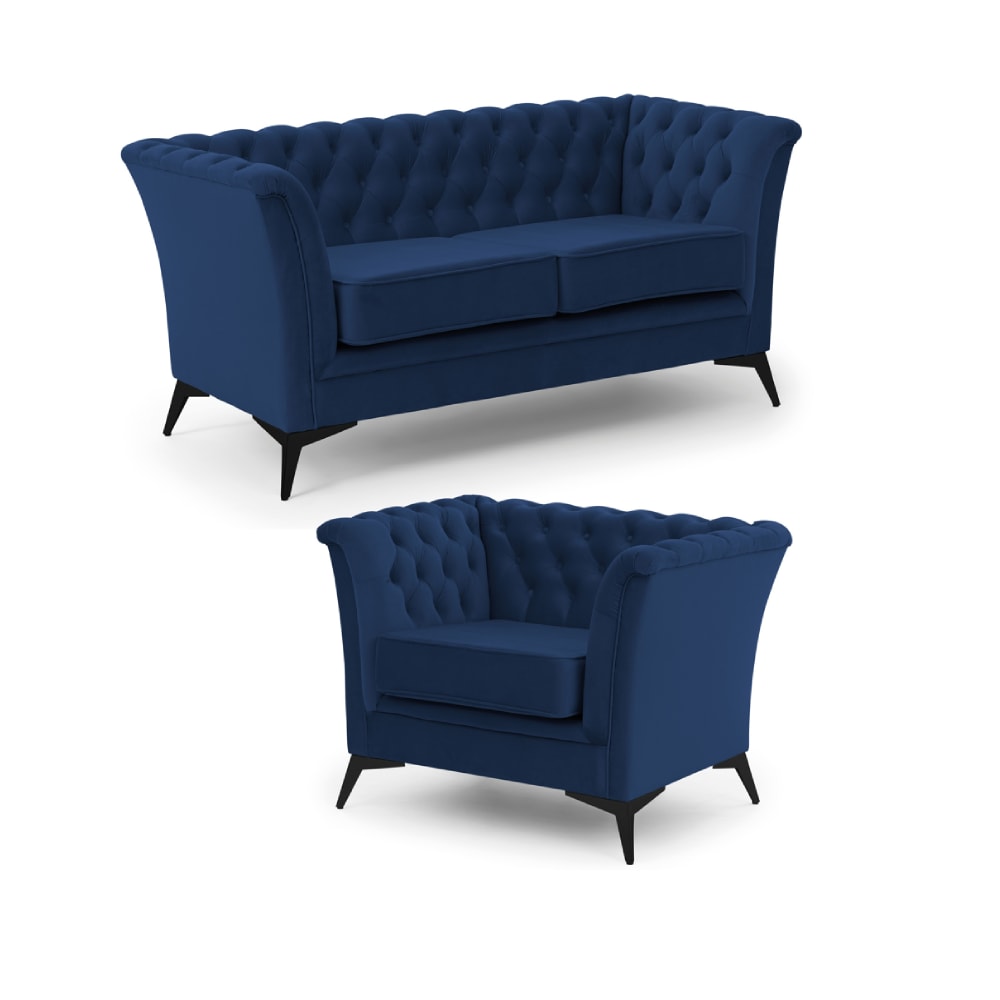 Ensemble de canapés Chesterfield 2+1 en velours bleu marine