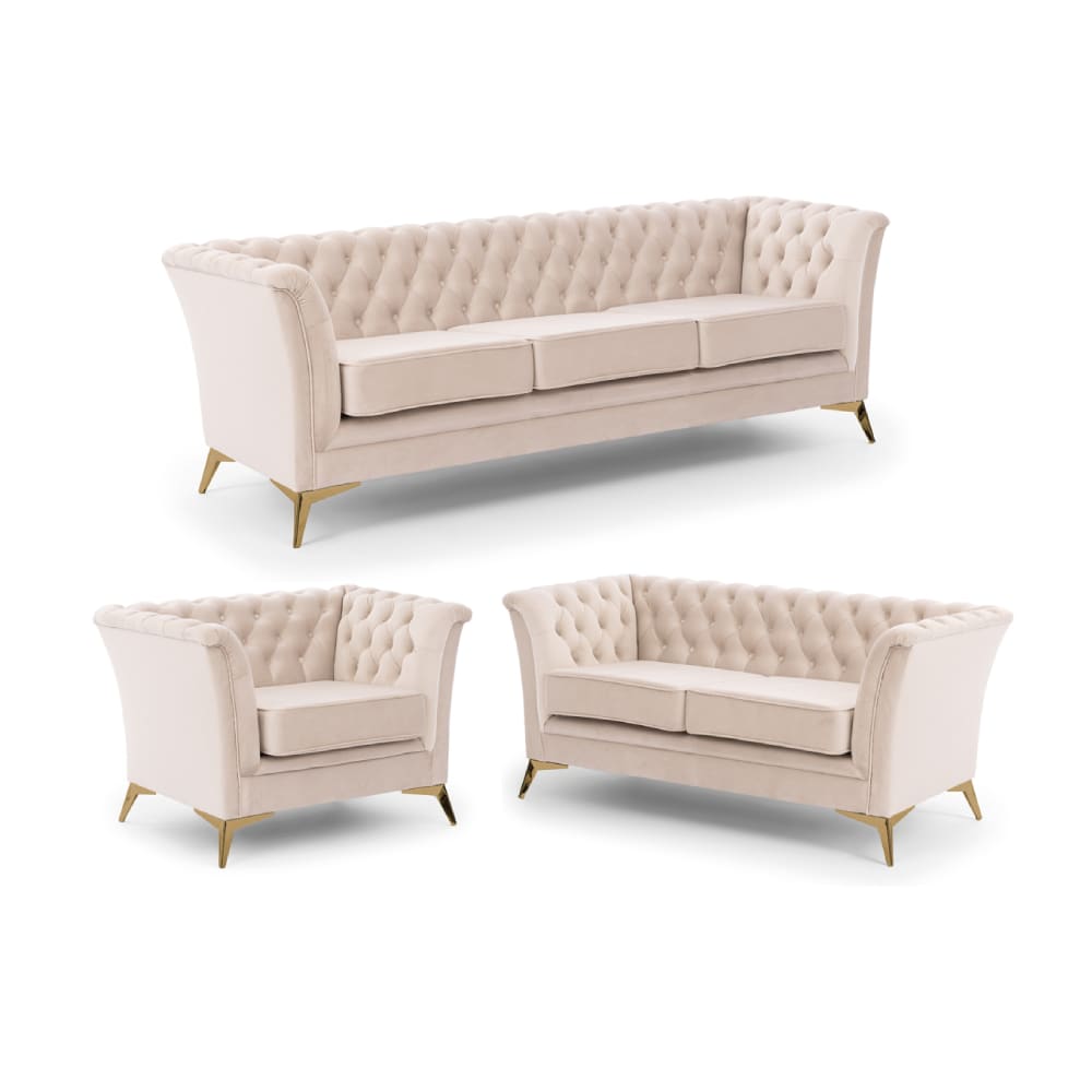 Ensemble de canapés Chesterfield 3+2+1 en velours beige