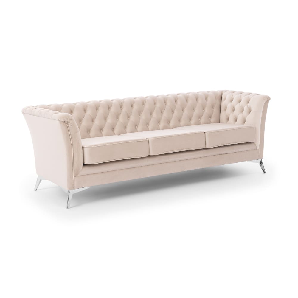 S-Style Chesterfield 3-Sitzer Sofa aus beigem Samt mit verchromten Füßen - Holz