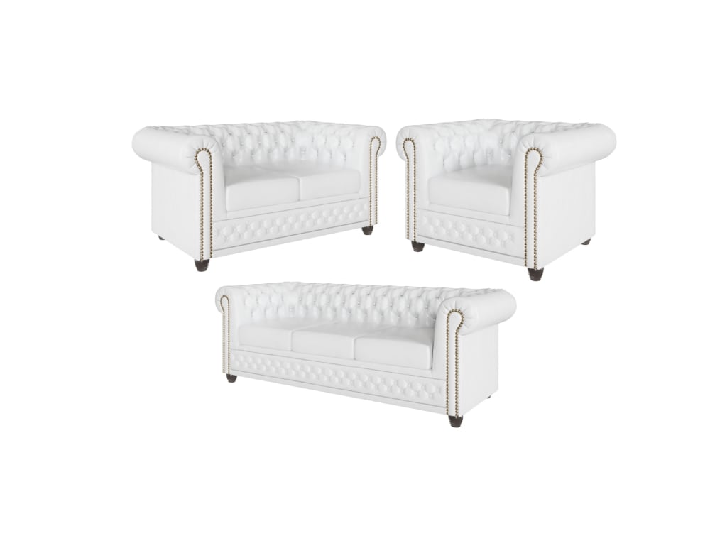 Ensemble de canapés Chesterfield 3+2+1 fonction lit, cuir végan blanc