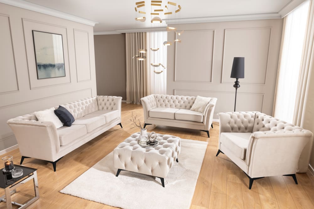 Ensemble de canapés Chesterfield 3+2+1 en velours beige