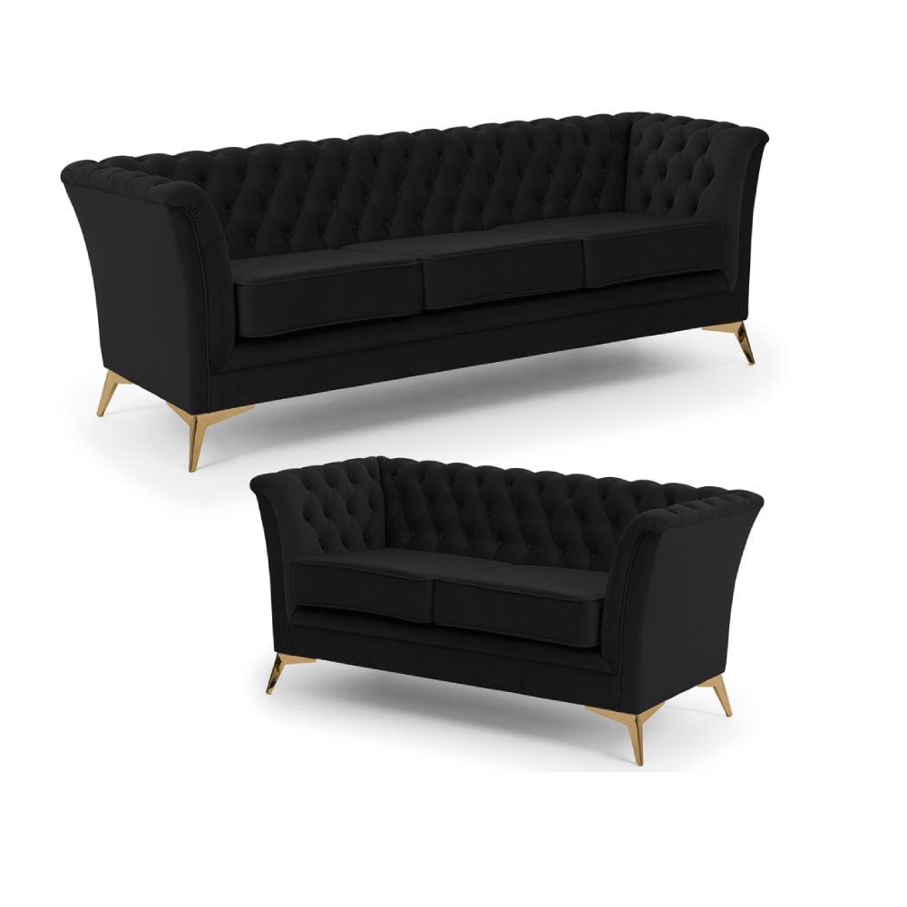 Ensemble de canapé Chesterfield 3+2 en velours noir