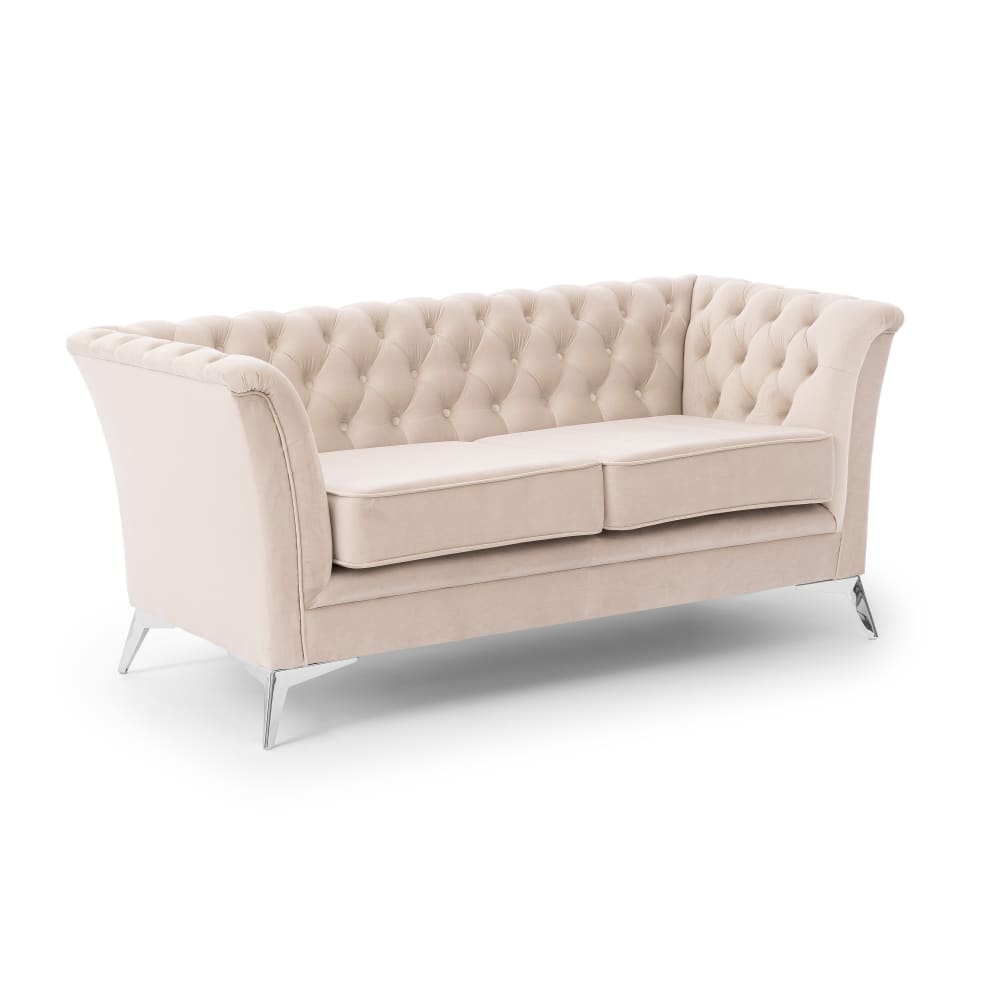 Canapé 2 places Chesterfield en velours beige avec pieds chromés