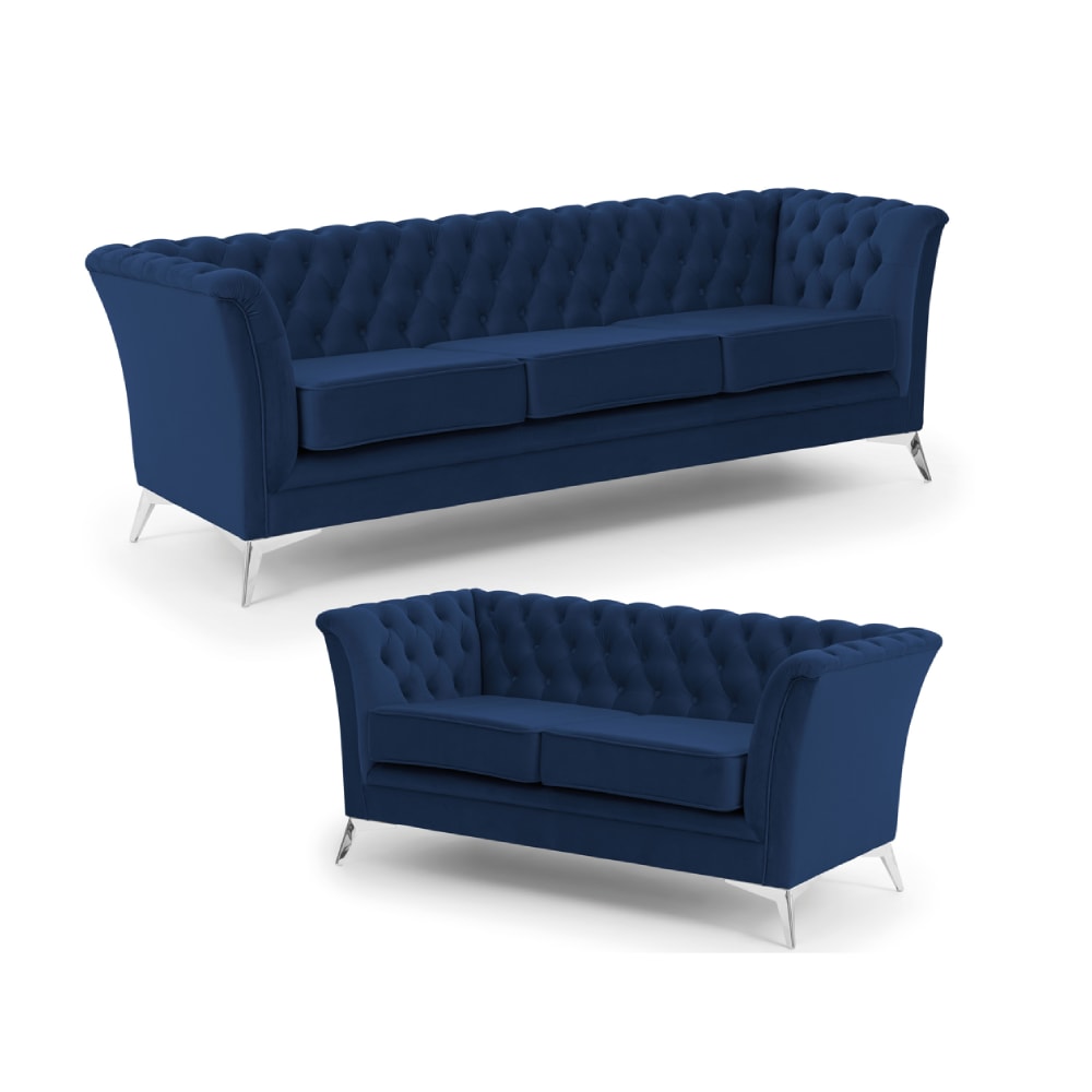 Ensemble de canapé Chesterfield 3+2 en velours bleu marine