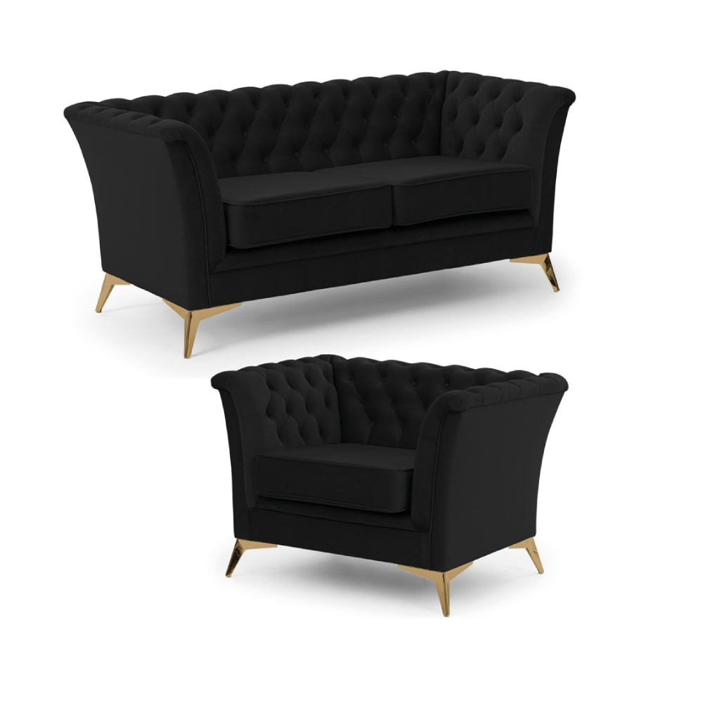 Ensemble de canapés Chesterfield 2+1 en velours noir
