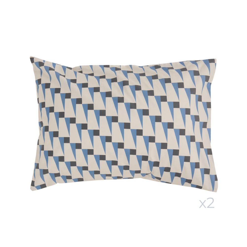 Lot de 2 taies d'oreiller en coton blanc motif bleu gris 50 x 70 cm Lot de 2 taies d'oreiller en coton blanc motif bleu gris 50 x 70 cm