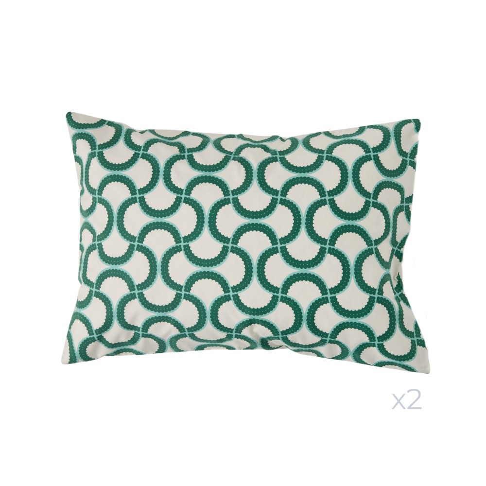 Lot de 2 taies d'oreiller en coton bio blanc à motif vert 50 x 70 cm
