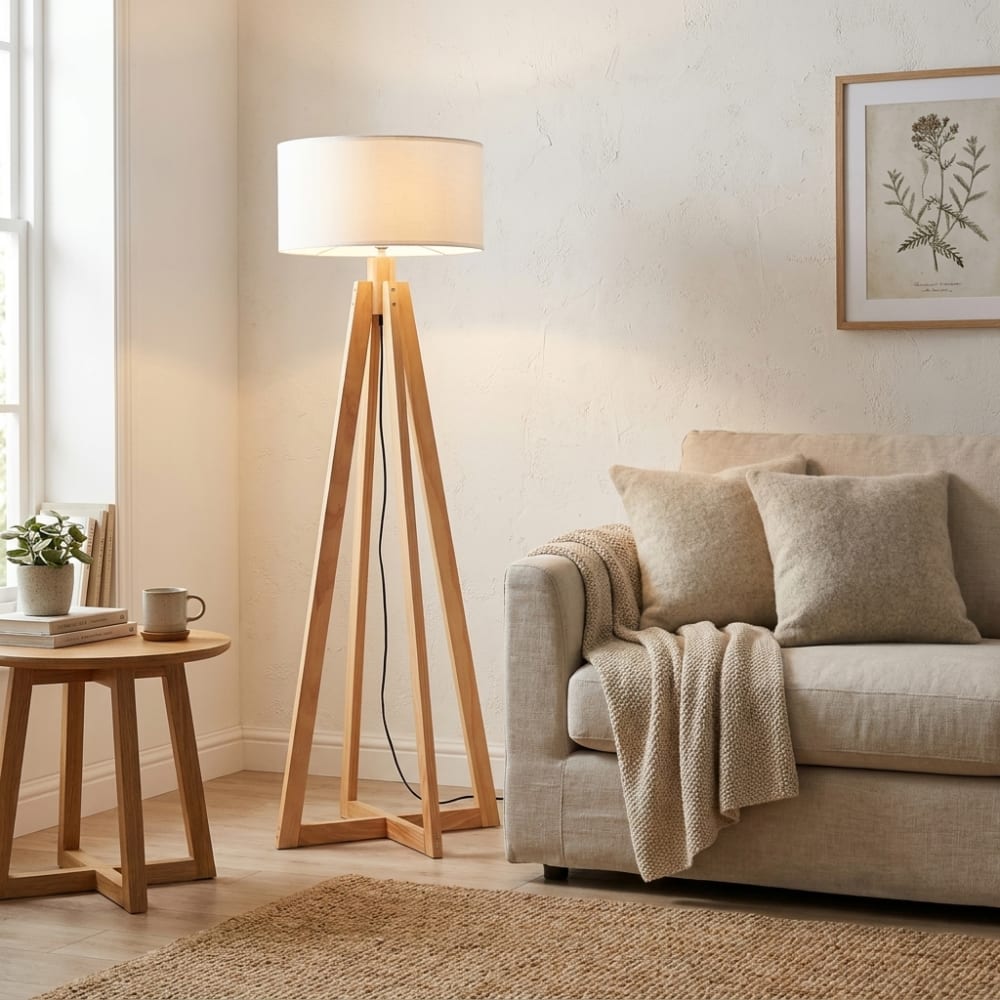 Stehlampe aus Holz mit weißem Leinenschirm, E27, Höhe 149 cm -