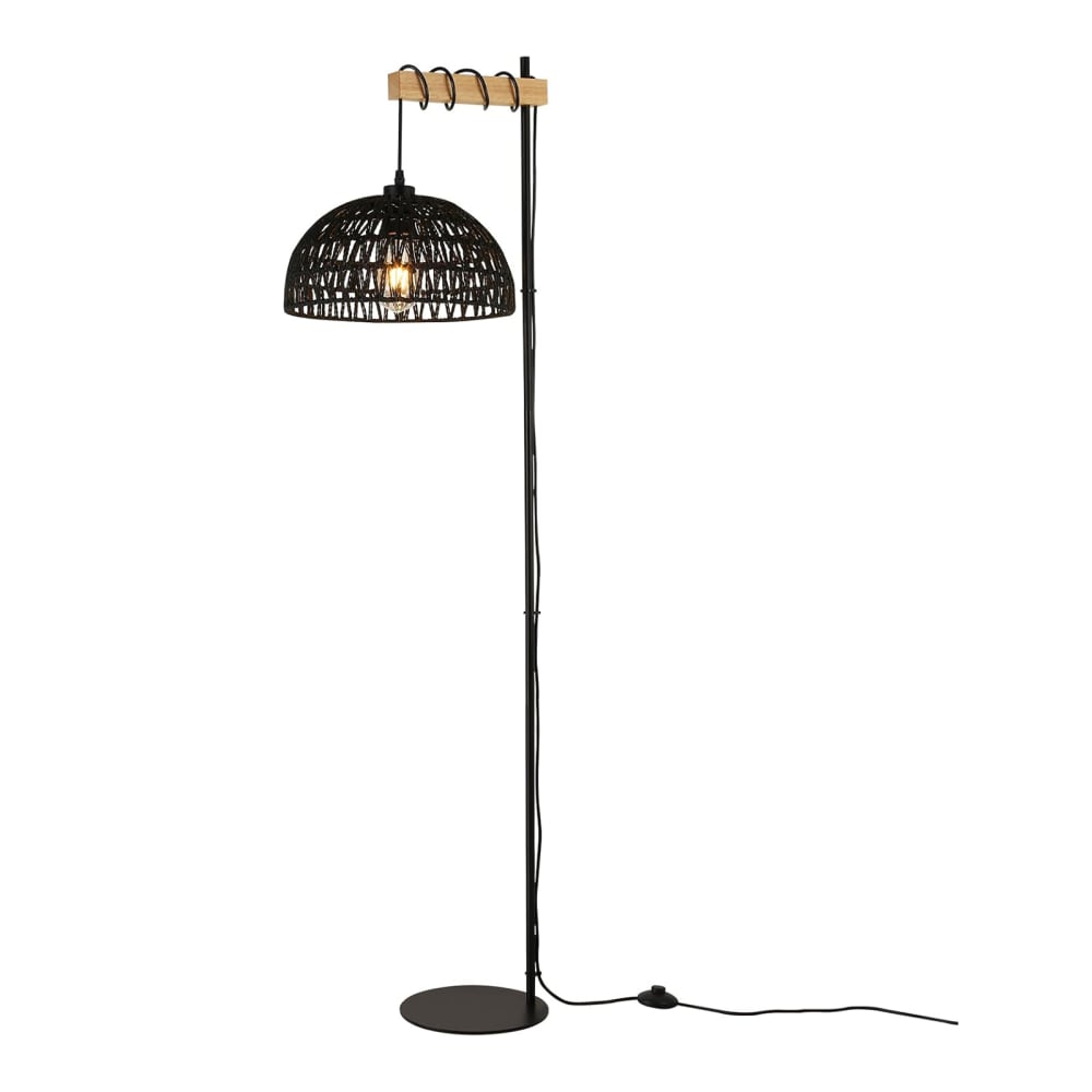 Lampadaire en bois avec abat-jour corde noir, E27, H158 cm