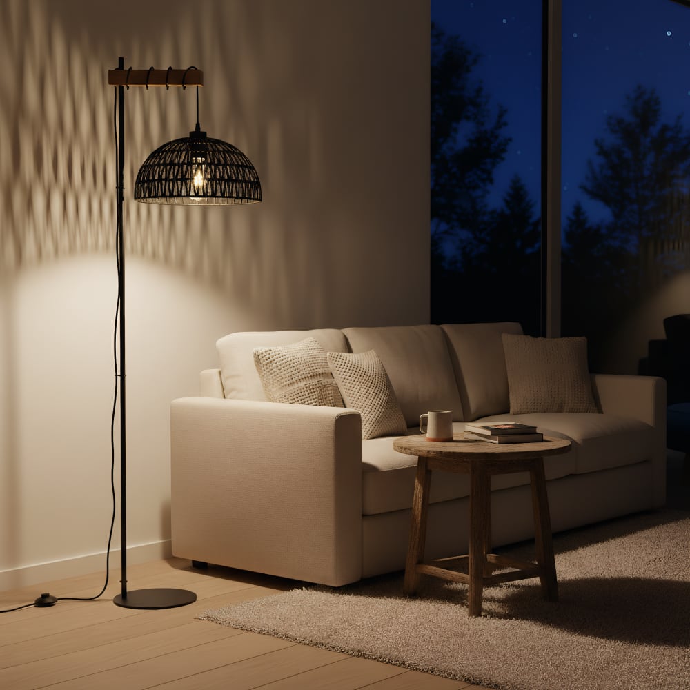 Lampadaire en bois avec abat-jour corde noir, E27, H158 cm