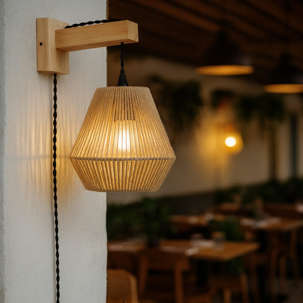 Wandleuchte aus Holz mit Juteschirm und Kabel, E27 - Maisons Du