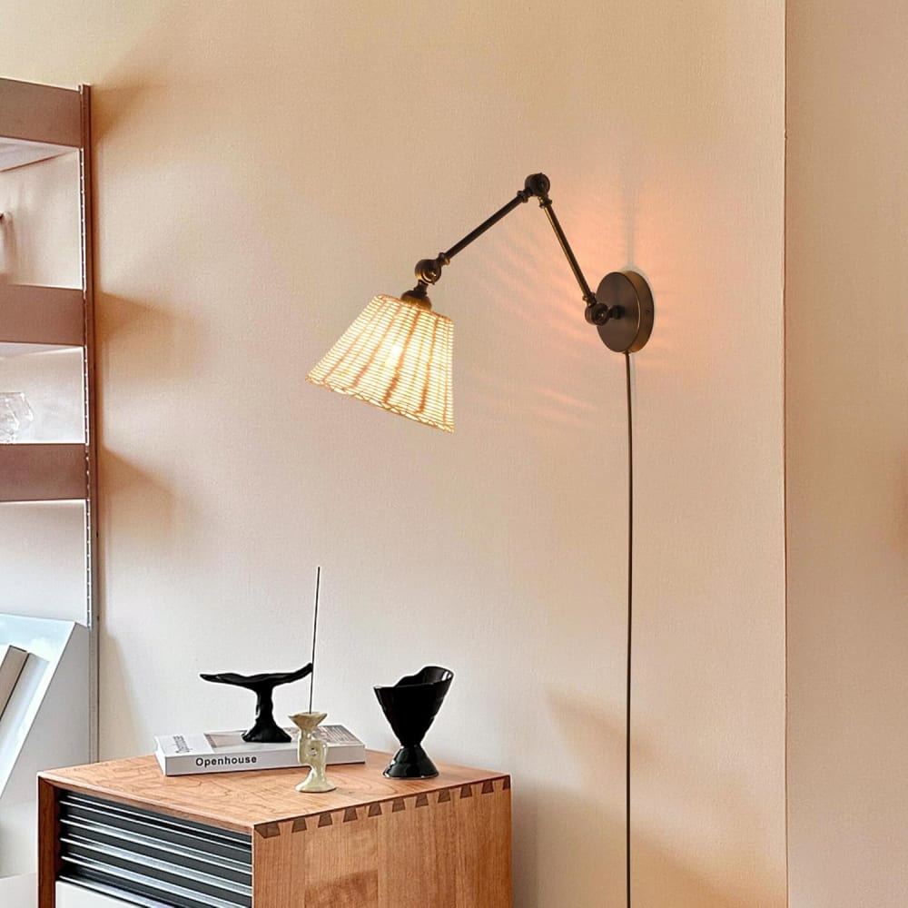 Applique murale avec bras orientable et abat-jour en rotin, E27 20cm — vue 3