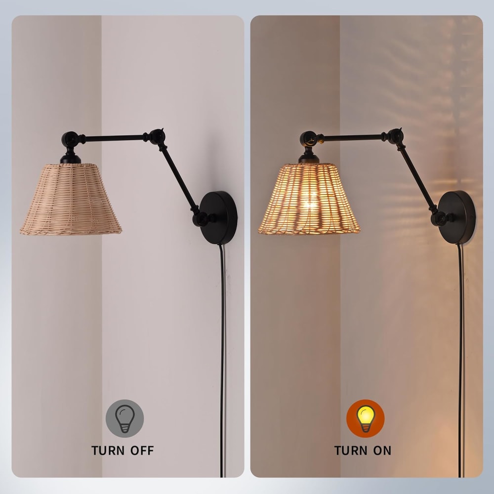 Applique murale avec bras orientable et abat-jour en rotin, E27 20cm — vue 4