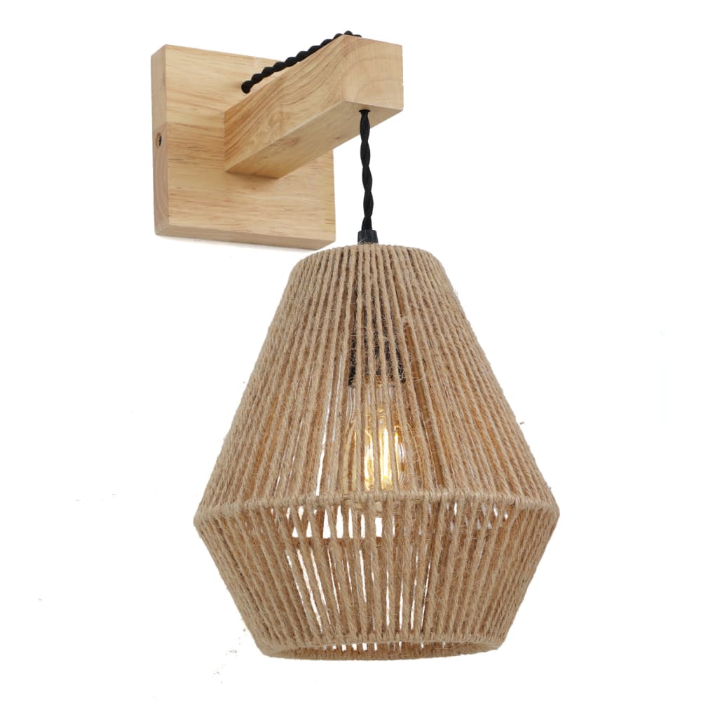 Applique murale en bois avec abat-jour en jute style bohème, E27