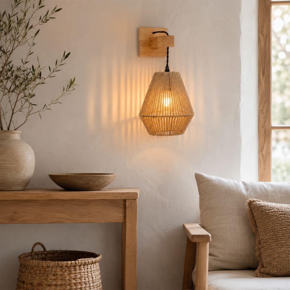 Applique murale en bois avec abat-jour en jute style bohème, E27 — vue 3